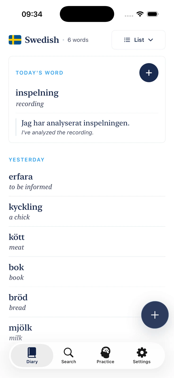 Word by Word vocabulary notebook showing saved Swedish words and meanings